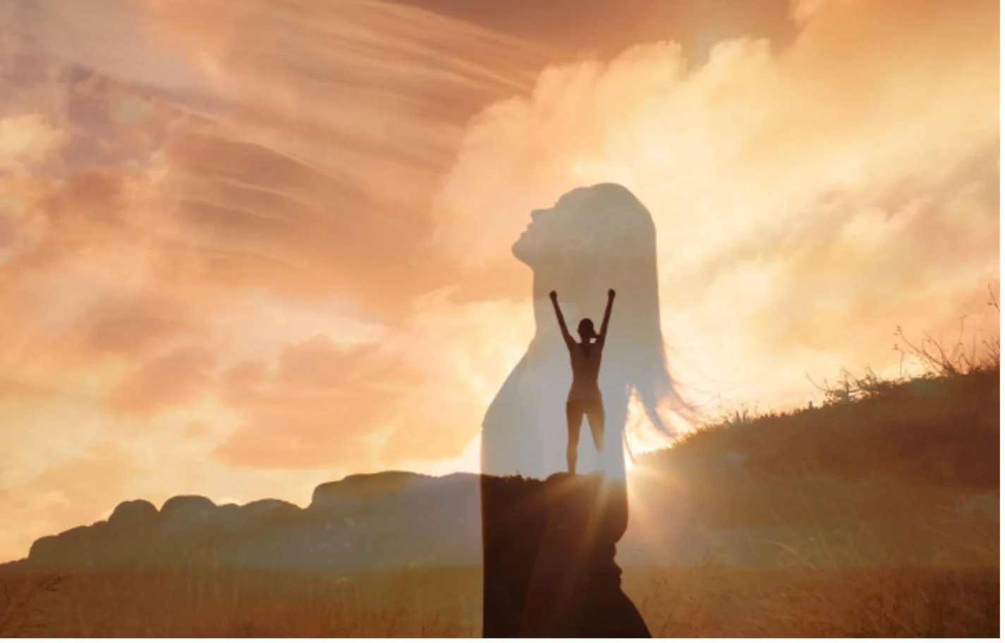 Transparent silhouette of a woman in front of a woman standing with hands raised victoriously