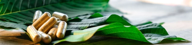 Kratom capsules on top of kratom leaves